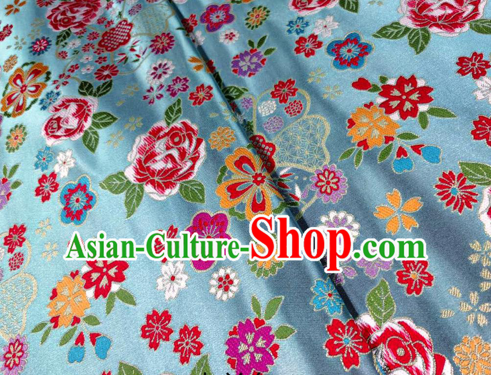 Japanese Traditional Rose Flowers Pattern Design Blue Brocade Fabric Nishijin Silk Traditional Asian Yamato Kimono Tapestry Satin Material