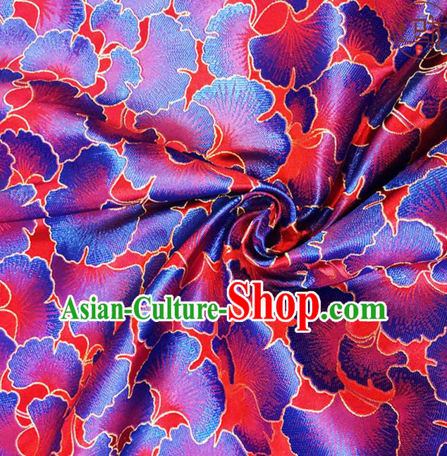 Asian Chinese Traditional Blue Ginkgo Leaf Pattern Design Red Brocade Fabric Silk Tang Suit Tapestry Material