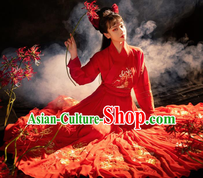 Chinese Ancient Fox Fairy Red Hanfu Costumes Jin Dynasty Royal Princess Cloak Blouse and Skirt Wedding Garment Full Set