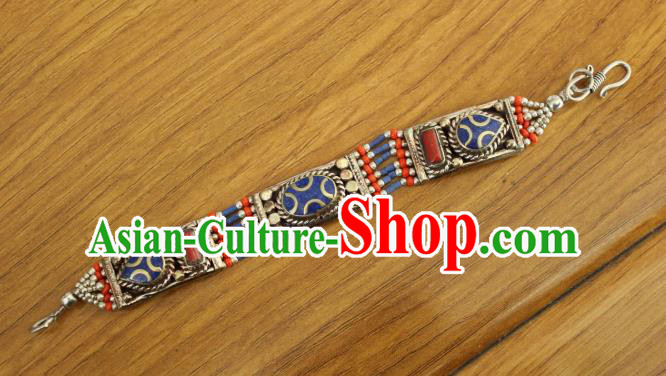 Chinese Traditional Tibetan Nationality Court Silver Bracelet Jewelry Accessories Decoration Zang Ethnic Handmade Royalblue Bangle for Women