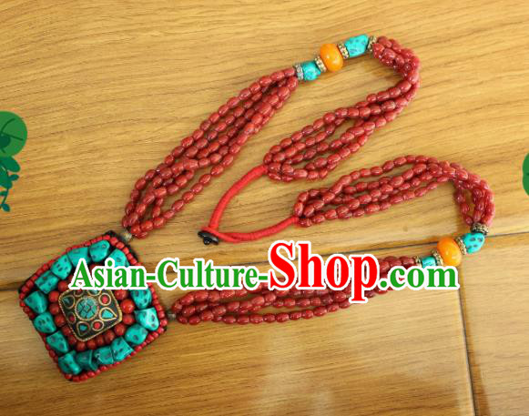 Chinese Traditional Tibetan Nationality Red Beads Jewelry Accessories Decoration Zang Ethnic Handmade Kallaite Necklace Pendant for Women