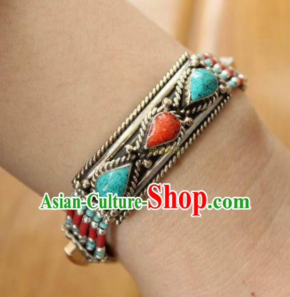 Chinese Traditional Tibetan Nationality Kallaite Bracelet Jewelry Accessories Decoration Zang Ethnic Handmade Silver Carving Bangle for Women