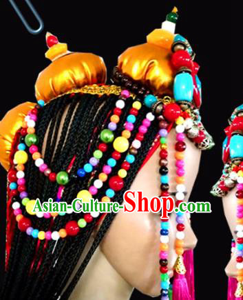 Chinese Traditional Tibetan Nationality Folk Dance Beads Hair Accessories Decoration Handmade Zang Ethnic Bride Wedding Tassel Headwear for Women