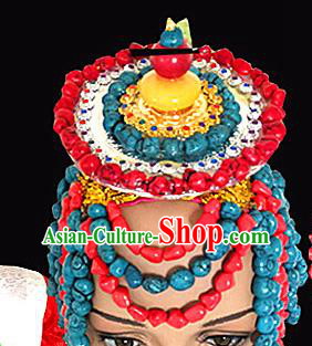 Chinese Traditional Tibetan Nationality Stone Beads Hair Accessories Decoration Handmade Zang Ethnic Bride Wedding Folk Dance Headwear for Women