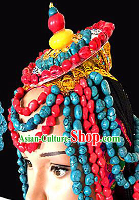 Chinese Traditional Tibetan Nationality Stone Beads Hair Accessories Decoration Handmade Zang Ethnic Bride Wedding Folk Dance Headwear for Women