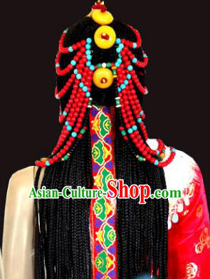Chinese Traditional Tibetan Nationality Red Beads Hair Accessories Decoration Handmade Zang Ethnic Folk Dance Tassel Headwear for Women