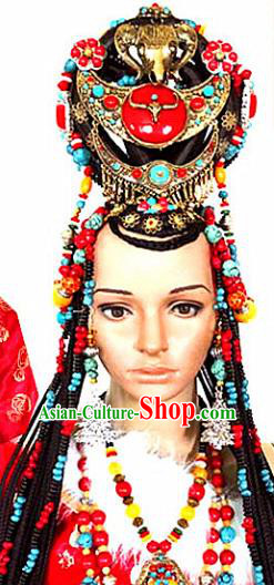 Chinese Traditional Tibetan Nationality Bride Hair Accessories Decoration Handmade Zang Ethnic Folk Dance Wedding Headdress for Women