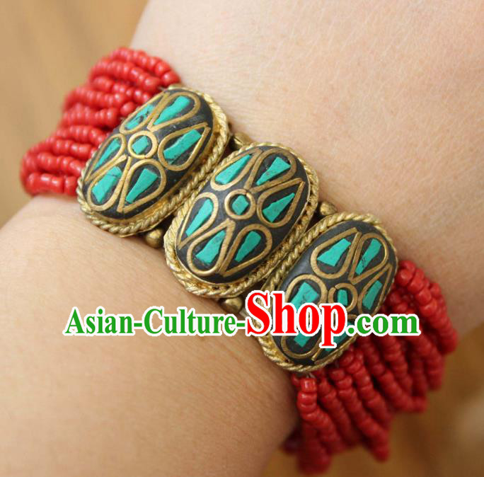 Chinese Traditional Tibetan Nationality Red Beads Bracelet Jewelry Accessories Decoration Zang Ethnic Handmade Bangle for Women