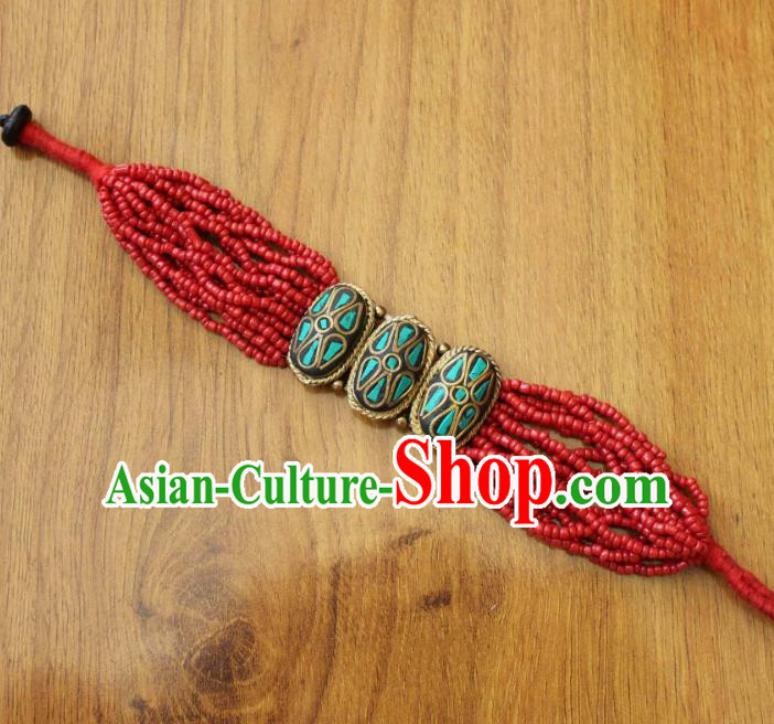 Chinese Traditional Tibetan Nationality Red Beads Bracelet Jewelry Accessories Decoration Zang Ethnic Handmade Bangle for Women