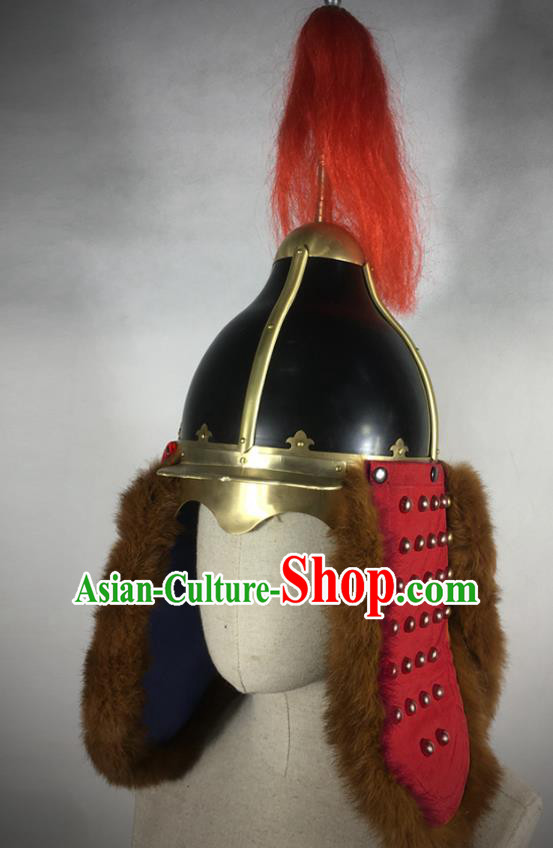 Traditional Korean Ming Dynasty General Red Body Armor and Helmet Ancient Warrior Costumes for Men
