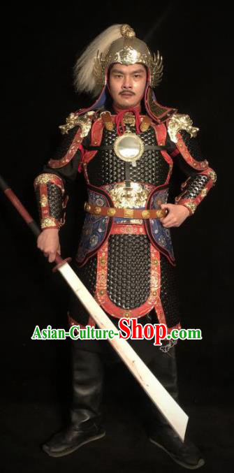 Traditional Chinese Han Dynasty General Black Leather Body Armor Ancient Warrior Military Officer Costumes and Helmet for Men