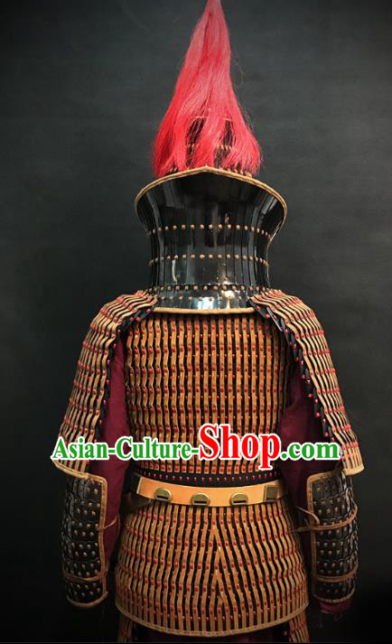 Traditional Chinese Jin Dynasty General Body Armor Ancient Military Officer Cavalry Costumes and Helmet Full Set