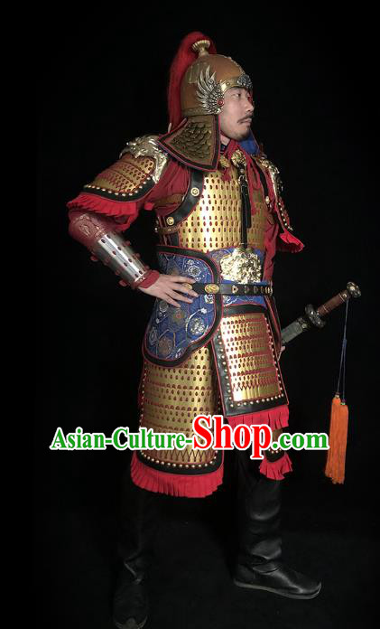 Traditional Chinese Song Dynasty General Golden Body Armor Ancient Cavalry Warrior Iron Costumes and Helmet Full Set