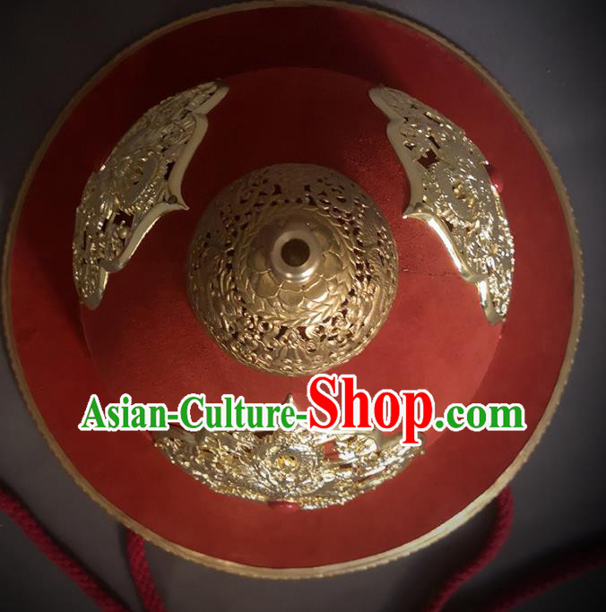 Traditional Chinese Ming Dynasty General Red Velvet Armet Hat Headpiece Ancient Military Officer Cavalry Helmet for Men