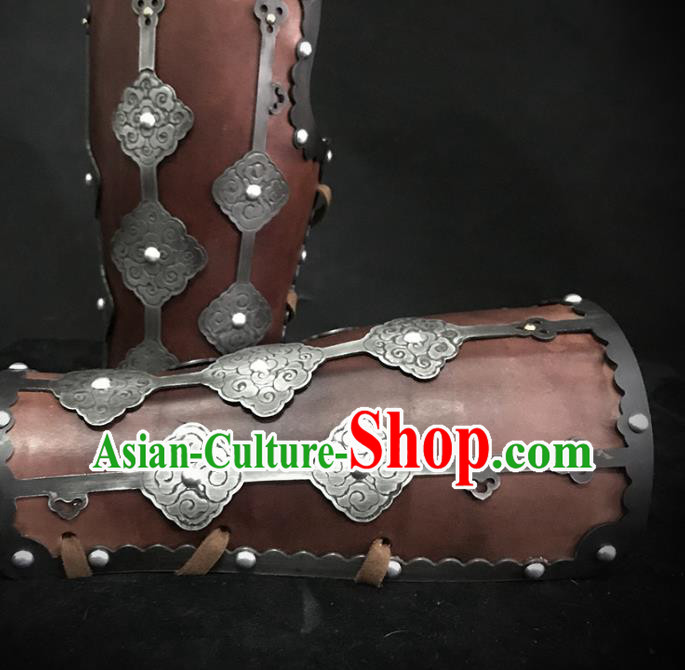 Traditional Chinese Song Dynasty Liao State Leather Wrist Guard Warrior Wristband Armor Ancient Soldier Iron Wristlets for Men