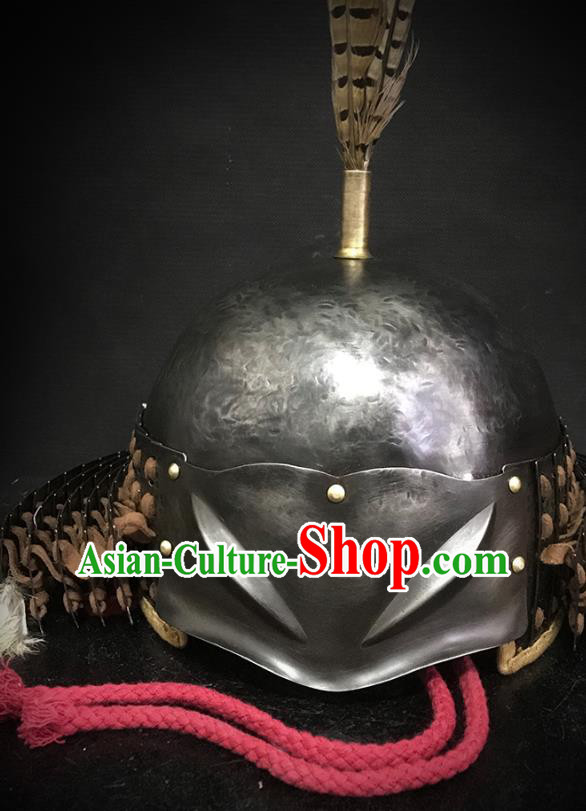 Traditional Chinese Song Dynasty Jin State General Iron Armet Hat Headpiece Ancient Military Officer Cavalry Helmet for Men