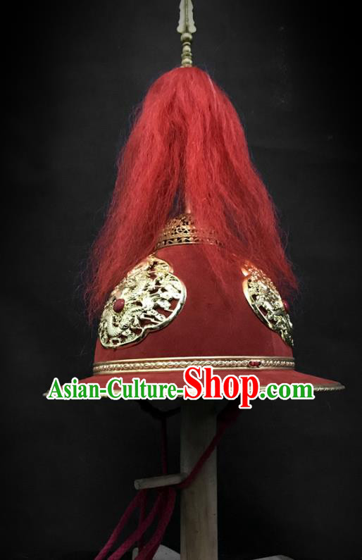Traditional Chinese Ming Dynasty Imperial Guard Leather Armet Hat Headpiece Ancient General Blades Helmet for Men
