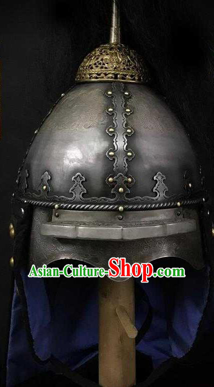 Traditional Chinese Ming Dynasty Imperial Guard Iron Armet Hat Headpiece Ancient General Black Cloth Helmet for Men