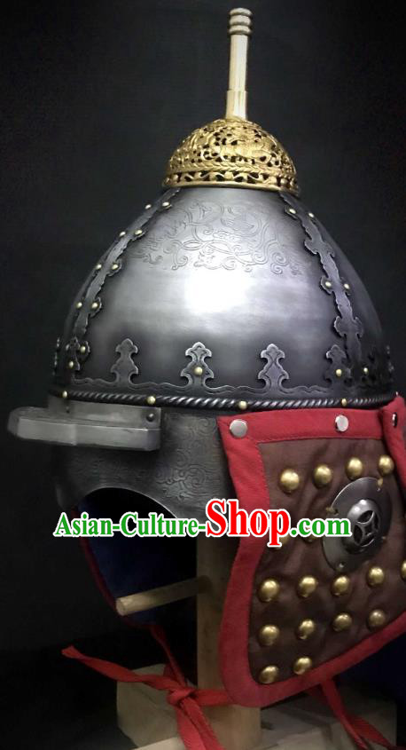 Traditional Chinese Ming Dynasty Imperial Guard Iron Armet Hat Headpiece Ancient General Brown Cloth Helmet for Men