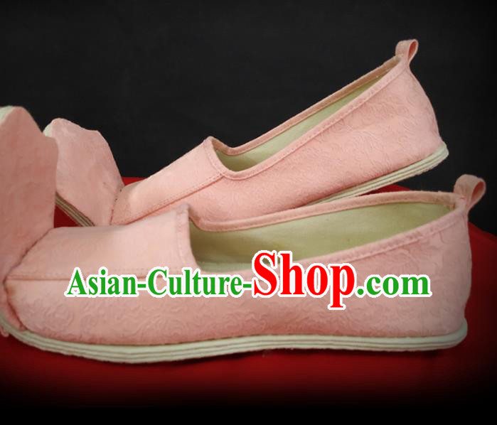 Traditional Chinese Han Dynasty Princess Pink Satin Shoes Ancient Court Woman Brocade Hanfu Shoes Cloth Shoes