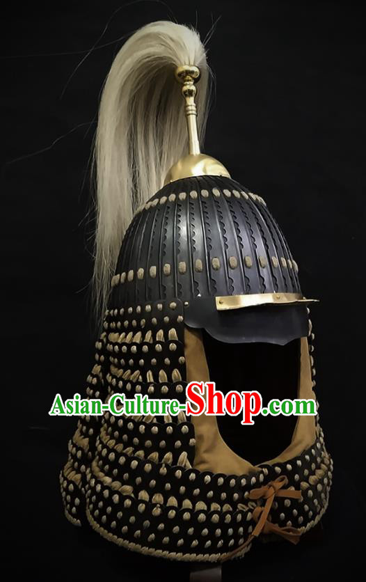 Traditional Chinese Yuan Dynasty General Black Leather Armor Hat Headpiece Ancient Soldier Warrior Armet Iron Helmet for Men