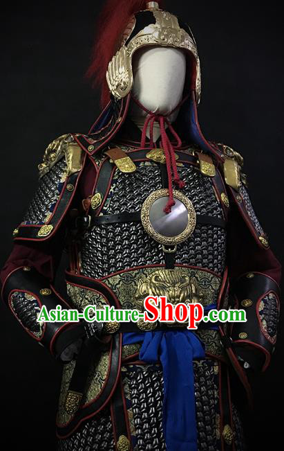 Traditional Chinese Ming Dynasty Soldier Body Armor Outfits Ancient Infantry General Copper Costumes and Helmet Full Set