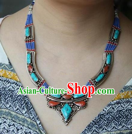 Chinese Traditional Tibetan Nationality Turquoise Necklet Pendant Decoration Zang Ethnic Handmade Kallaite Necklace Jewelry Accessories for Women