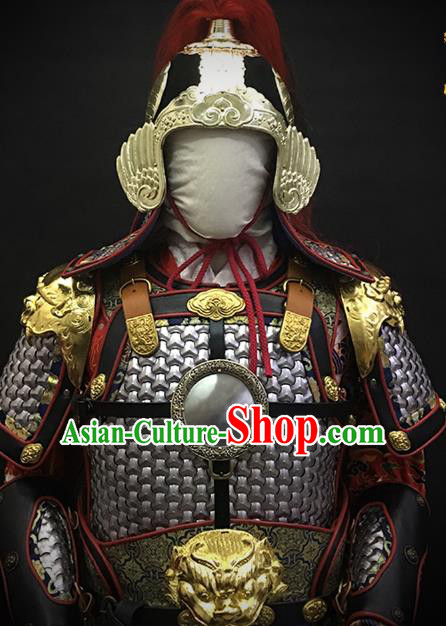 Traditional Chinese Ming Dynasty Military Officer Body Armor Outfits Ancient Film General Iron Costumes and Helmet Full Set