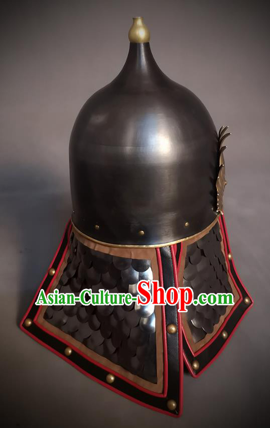 Traditional Chinese Ming Dynasty General Black Armor Hat Headpiece Ancient Soldier Warrior Armet Iron Phoenix Wings Helmet for Men