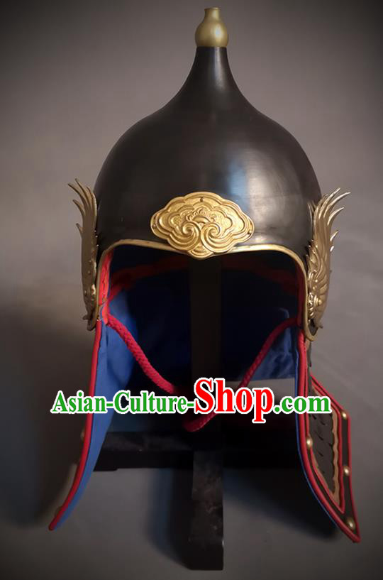 Traditional Chinese Ming Dynasty General Black Armor Hat Headpiece Ancient Soldier Warrior Armet Iron Phoenix Wings Helmet for Men