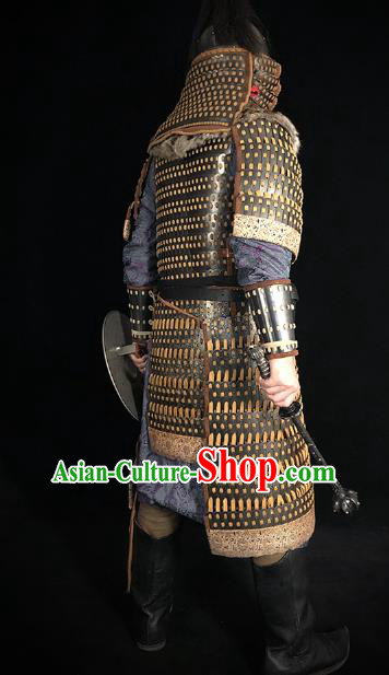 Traditional Chinese Yuan Dynasty Military Officer Body Armor Outfits Ancient Film General Iron Costumes and Helmet Full Set