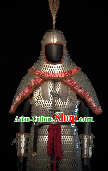 Traditional Chinese Song Dynasty Military Officer Body Armor Outfits Ancient Film Liao State General Iron Costumes and Helmet Full Set