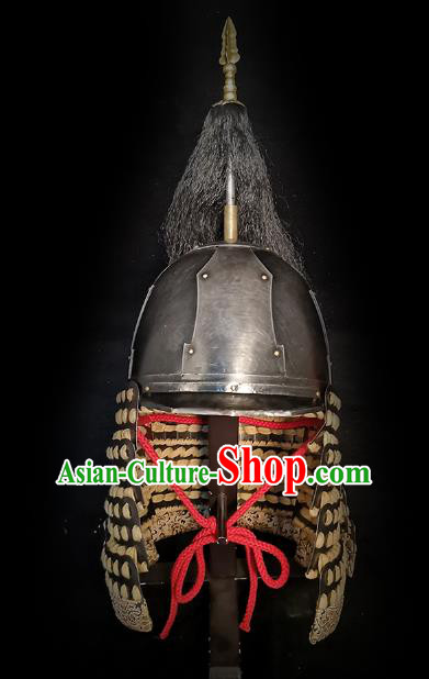 Traditional Chinese Yuan Dynasty General Black Armor Hat Headpiece Ancient Mongolian Soldier Warrior Armet Iron Helmet for Men