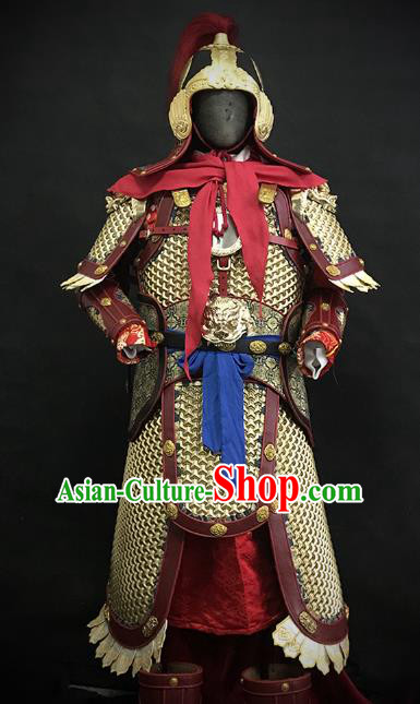 Traditional Chinese Ming Dynasty Military Officer Body Armor Outfits Ancient Film General Copper Costumes and Helmet Full Set