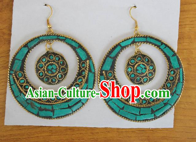Chinese Traditional Tibetan Nationality Folk Dance Green Ear Accessories Handmade Eardrop Decoration Zang Ethnic Silver Earrings for Women