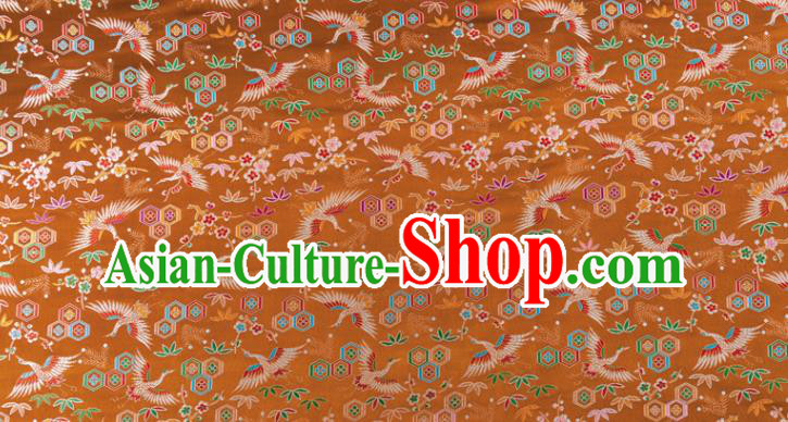 Japanese Traditional Crane Plum Pattern Design Brown Brocade Nishijin Fabric Silk Material Traditional Asian Japan Kimono Tapestry Satin
