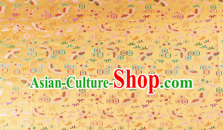 Japanese Traditional Crane Plum Pattern Design Yellow Brocade Nishijin Fabric Silk Material Traditional Asian Japan Kimono Tapestry Satin