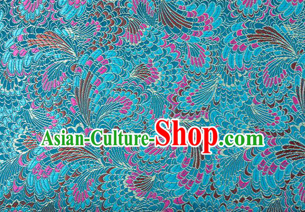 Chinese Classical Phoenix Tail Pattern Design Lake Blue Brocade Silk Fabric Tapestry Material Asian Traditional DIY Tang Suit Satin Damask