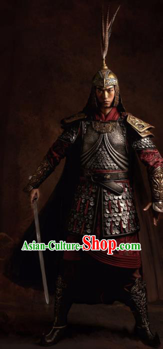 Traditional Chinese Han Dynasty Military Officer Body Armor Outfits Ancient Film General Armour Costumes and Helmet Complete Set