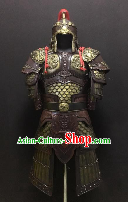 Traditional Chinese Han Dynasty Leather Body Armor Outfits Ancient Film Military Officer General Armour Costumes and Helmet for Men