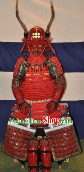 Japanese Traditional General Red Body Armor Outfits Ancient Film Warrior Shogun Armour Costumes and Helmet for Men