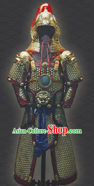 Traditional Chinese Han Dynasty General Golden Body Armor Outfits Ancient Film Military Officer Armour Costumes and Helmet for Men