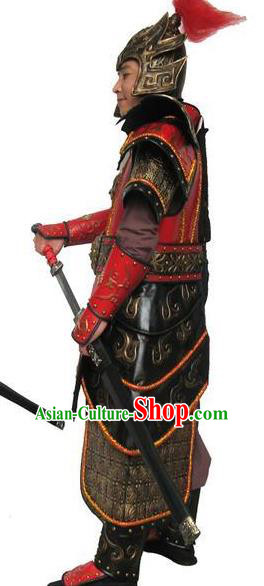 Traditional Chinese Han Dynasty General Red Body Armor Outfits Ancient Film Military Officer Armour Costumes and Helmet for Men