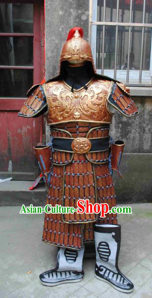 Traditional Chinese Han Dynasty General Body Armor Outfits Ancient Film Military Officer Armour Costumes and Helmet and Boots Full Set