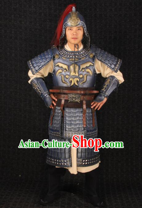 Traditional Chinese Han Dynasty Soldier Body Armor Outfits Ancient Film Military Officer Armour General Costumes and Headwear Full Set