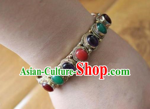 Chinese Traditional Tibetan Nationality Silver Bracelet Jewelry Accessories Decoration Handmade Zang Ethnic Colorful Gems Bangle for Women