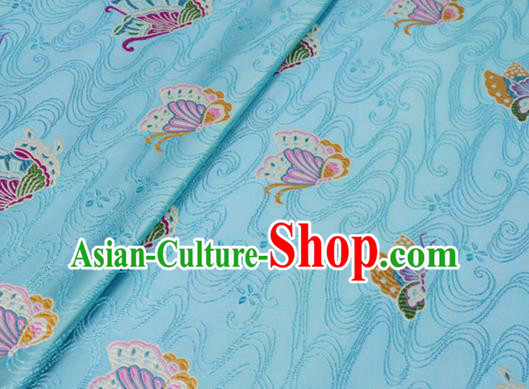 Asian Chinese Traditional Butterfly Pattern Design Light Blue Brocade Silk Fabric Tang Suit Tapestry Wedding Dress Material