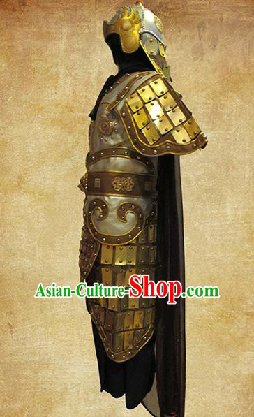 Traditional Chinese Three Kingdoms Period Young Soldier Golden Body Armor Outfits Ancient Film Warrior Armour Costumes and Headwear Full Set