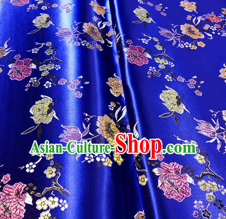 Asian Chinese Traditional Pomegranate Flowers Pattern Design Royalblue Brocade Silk Fabric Tang Suit Tapestry Satin Material