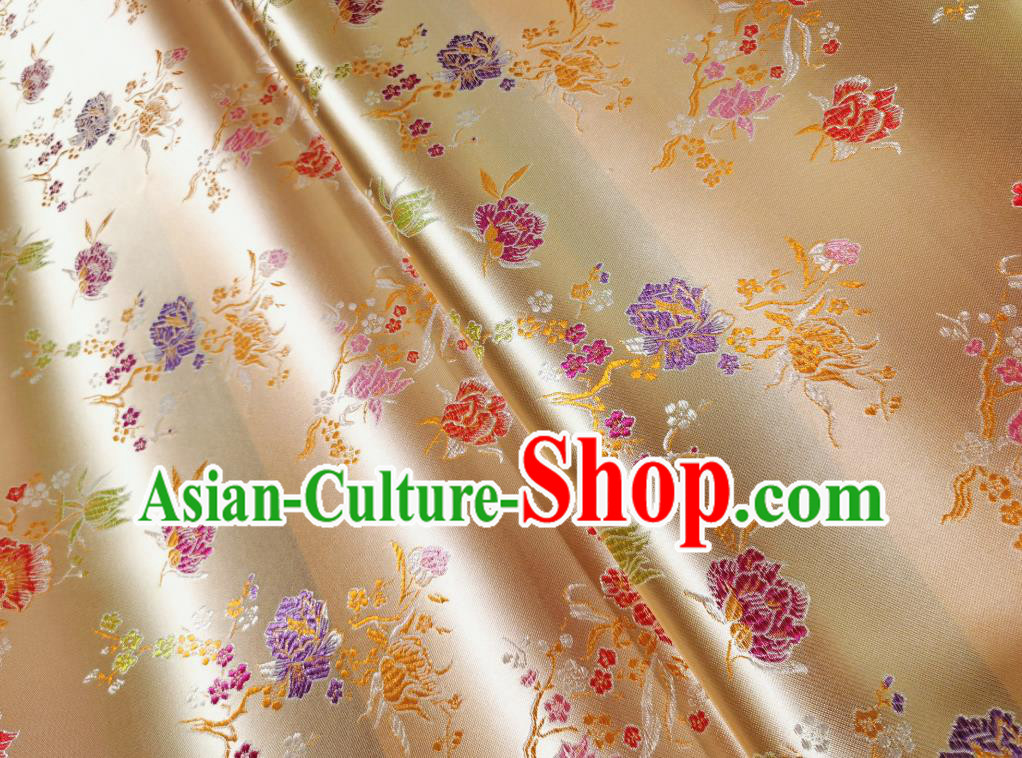 Asian Chinese Traditional Pomegranate Flowers Pattern Design Light Golden Brocade Silk Fabric Tang Suit Tapestry Satin Material